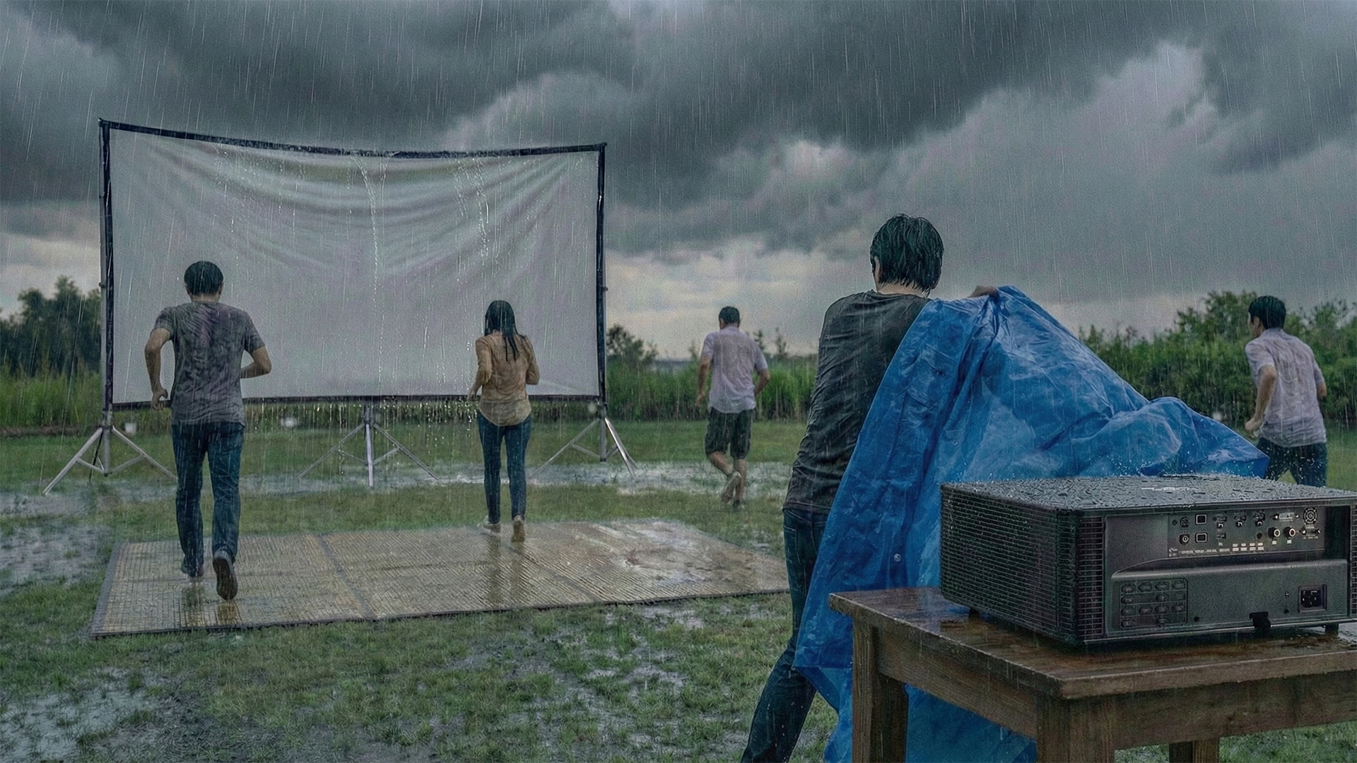 プロジェクターが屋外に直接置かれて雨に降られているイメージ写真